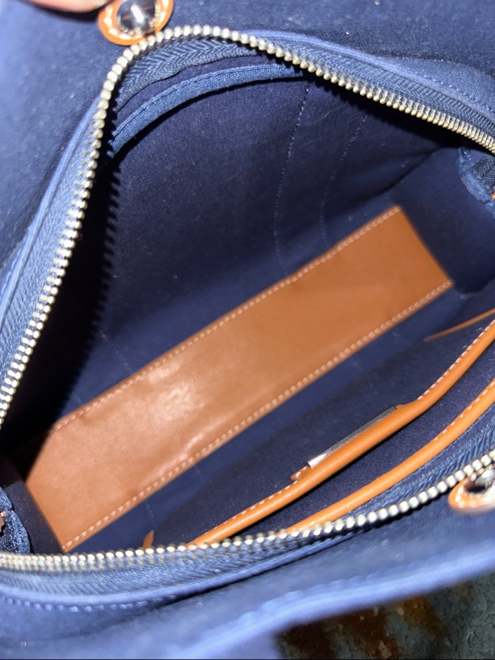 Tory Burch Navy Canvas 2-Way Bag with Tan Leather Trim - Picture 14 of 16